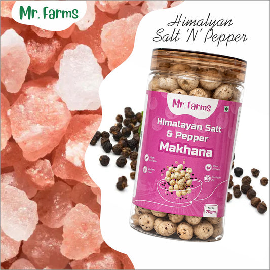 Mr. Farms Himalayan Salt & Pepper Makhana 70g | Roasted Foxnuts | Healthy Snack | Gluten Free | High Fiber | Plant Protein | Low Calorie | No Palm Oil | Crunchy Lotus Seeds
