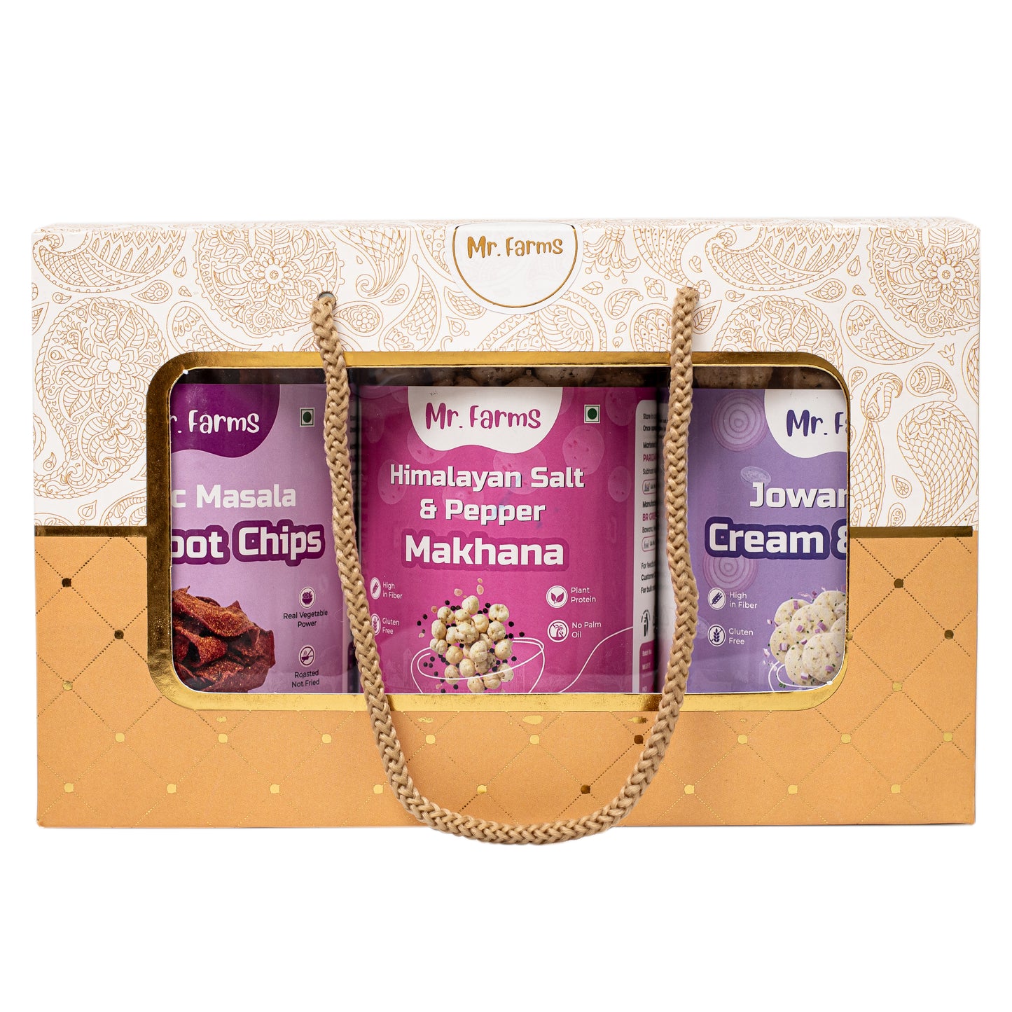 Mr. Farms Combo Pack of 3 – Beetroot Chips, Himalayan Salt & Pepper Makhana, and Cream & Onion Jowar Puffs