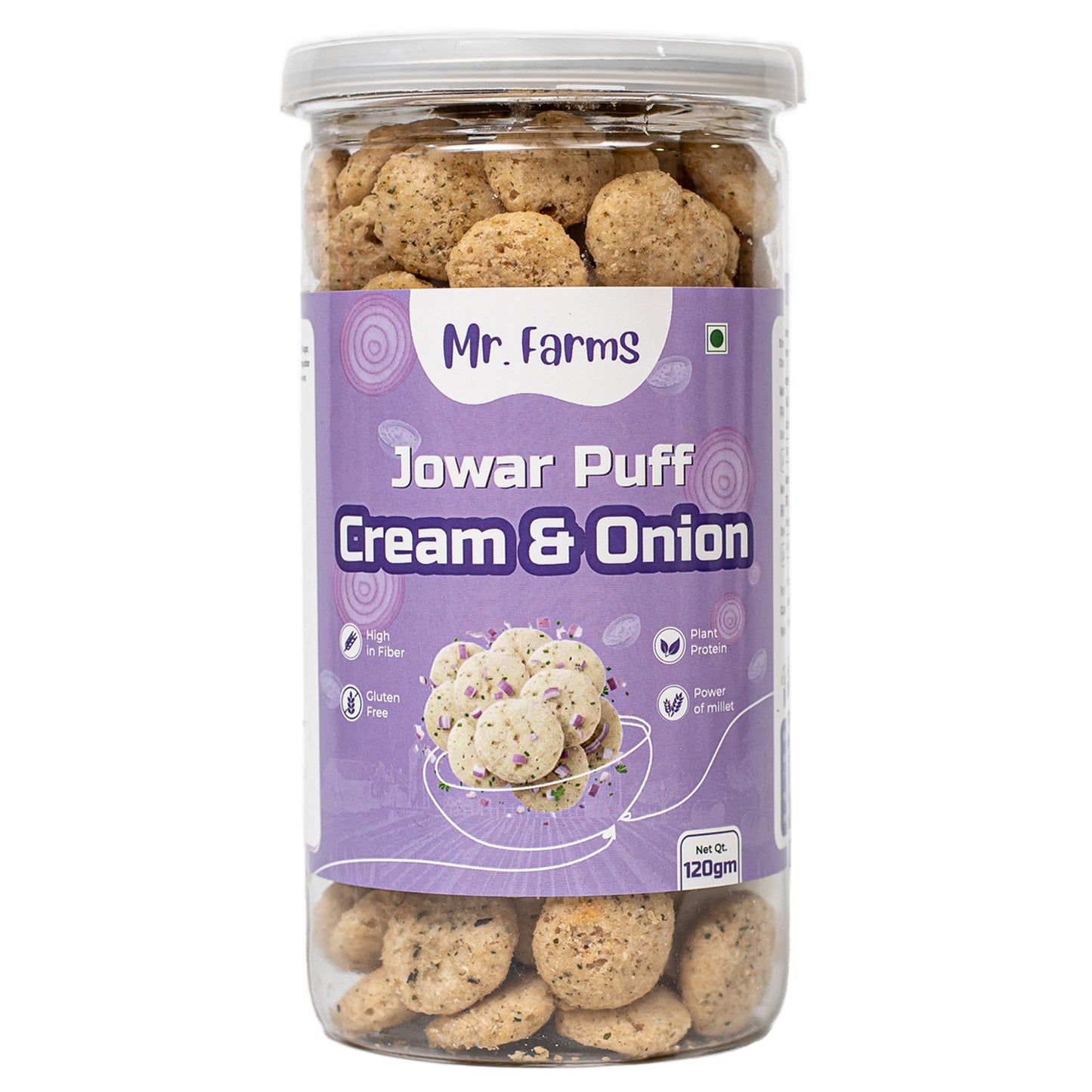 Mr. Farms Jowar Puff Cream & Onion 120g | Healthy Millet Snack | High Fiber | Gluten Free | Plant Protein