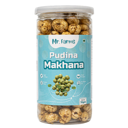 Mr. Farms Pudina Makhana 70g | Roasted Foxnuts with Mint Flavor | Healthy Snack for Kids & Adults | High Fiber | Gluten Free | Vegan Protein | No Palm Oil | Low Calorie Crunchy Snack