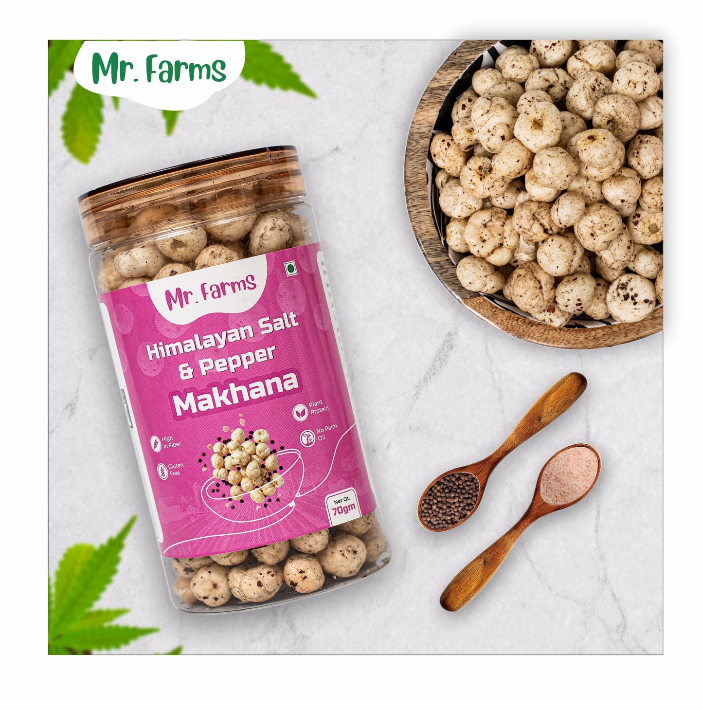 Mr. Farms Himalayan Salt & Pepper Makhana 70g | Roasted Foxnuts | Healthy Snack | Gluten Free | High Fiber | Plant Protein | Low Calorie | No Palm Oil | Crunchy Lotus Seeds