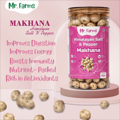 Mr. Farms Himalayan Salt & Pepper Makhana 70g | Roasted Foxnuts | Healthy Snack | Gluten Free | High Fiber | Plant Protein | Low Calorie | No Palm Oil | Crunchy Lotus Seeds