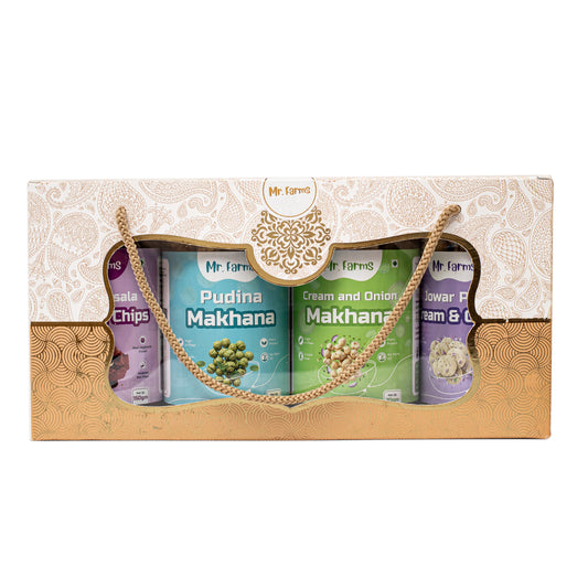 Mr. Farms Combo Pack of 4 – Pudina Makhana, Cream & Onion Makhana, Jowar Puffs, and Beetroot Chips