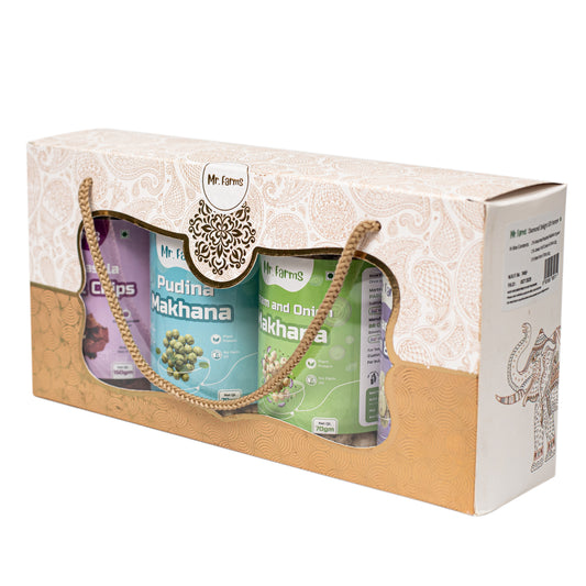 Mr. Farms Combo Pack of 4 – Pudina Makhana, Cream & Onion Makhana, Jowar Puffs, and Beetroot Chips