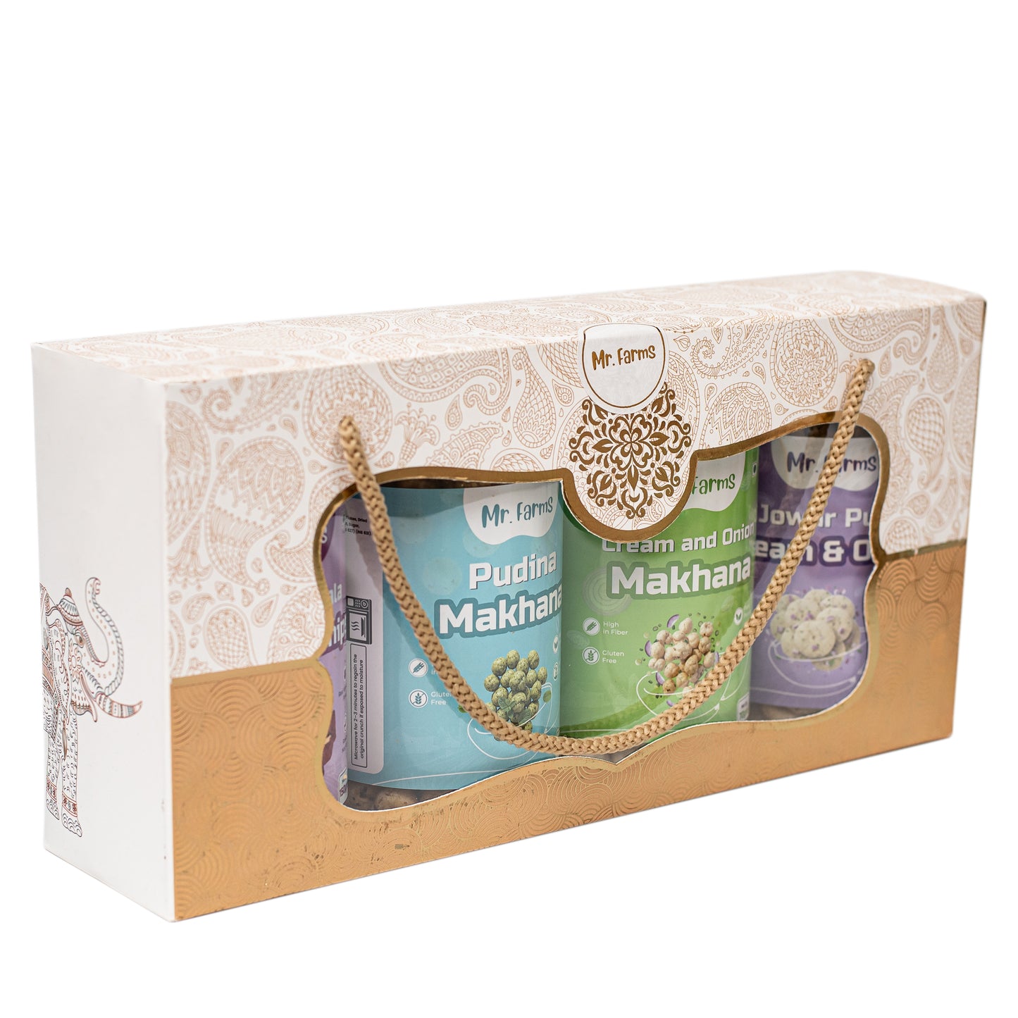 Mr. Farms Combo Pack of 4 – Pudina Makhana, Cream & Onion Makhana, Jowar Puffs, and Beetroot Chips