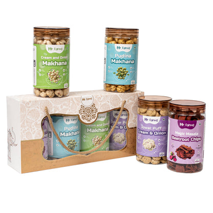 Mr. Farms Combo Pack of 4 – Pudina Makhana, Cream & Onion Makhana, Jowar Puffs, and Beetroot Chips