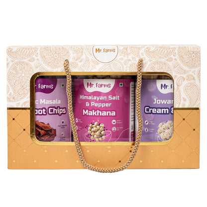 Mr. Farms Combo Pack of 3 – Beetroot Chips, Himalayan Salt & Pepper Makhana, and Cream & Onion Jowar Puffs