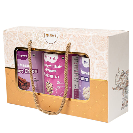 Mr. Farms Combo Pack of 3 – Beetroot Chips, Himalayan Salt & Pepper Makhana, and Cream & Onion Jowar Puffs