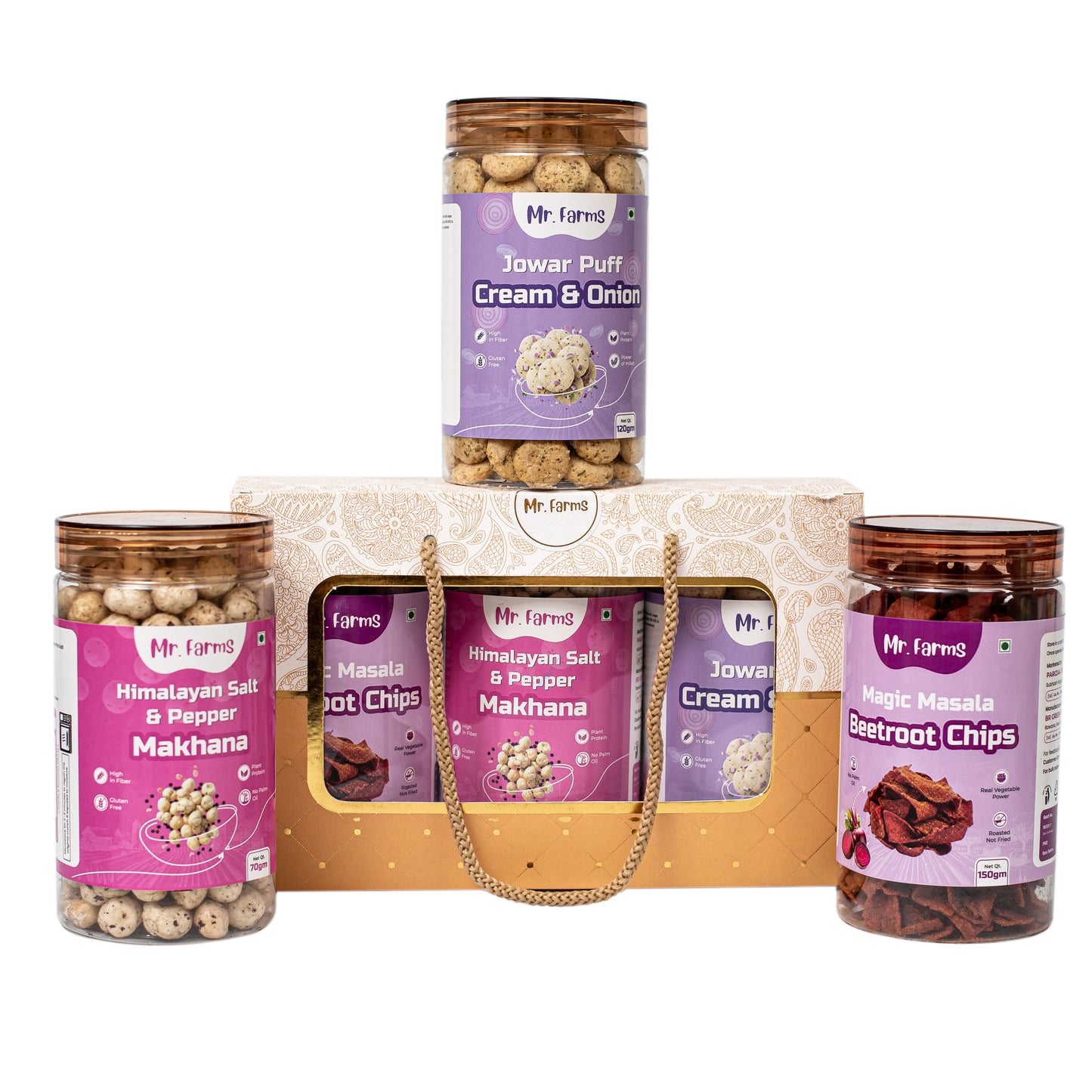 Mr. Farms Combo Pack of 3 – Beetroot Chips, Himalayan Salt & Pepper Makhana, and Cream & Onion Jowar Puffs