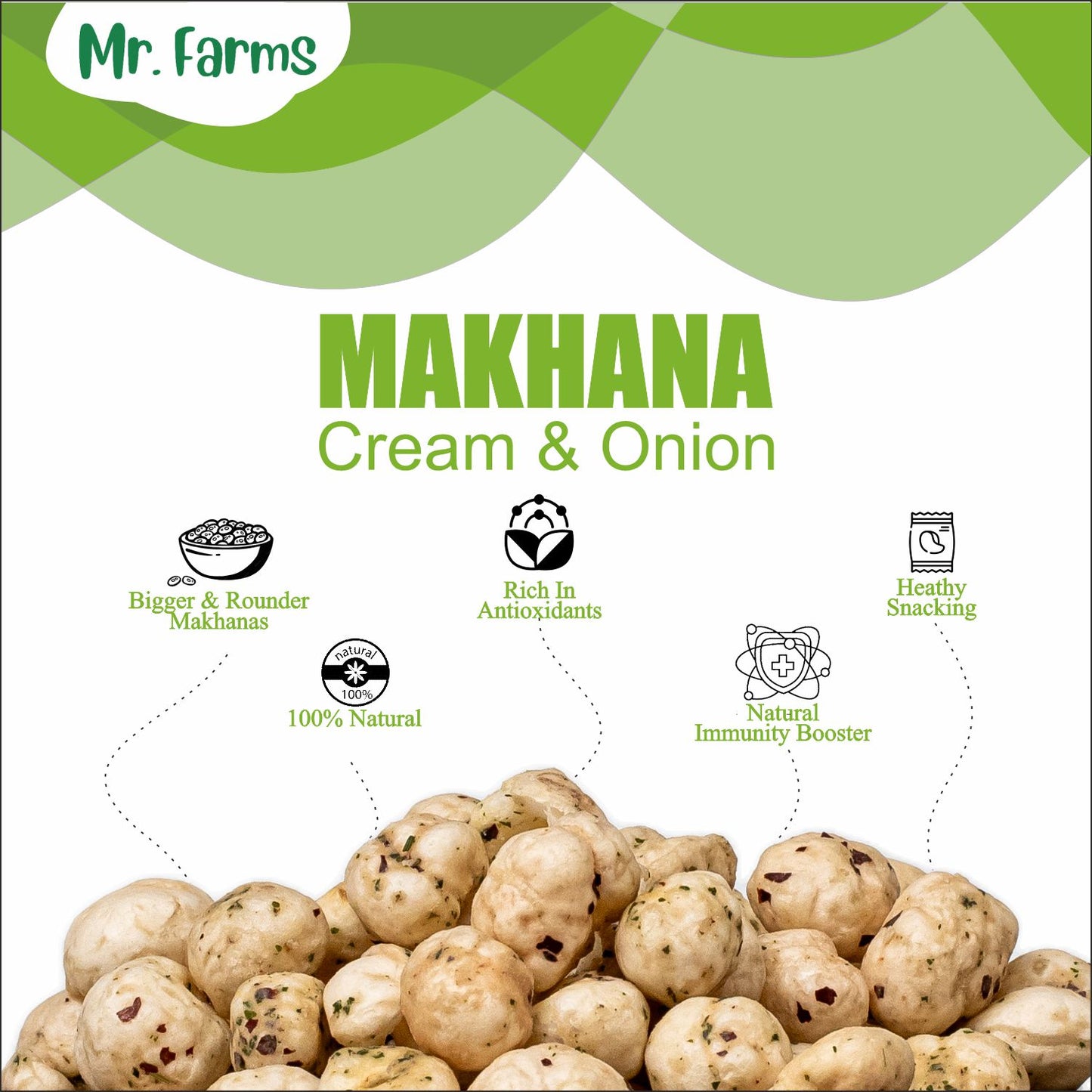 Mr. Farms Cream and Onion Makhana 70g | Healthy Roasted Foxnuts | High Fiber Snack | Gluten Free | No Palm Oil