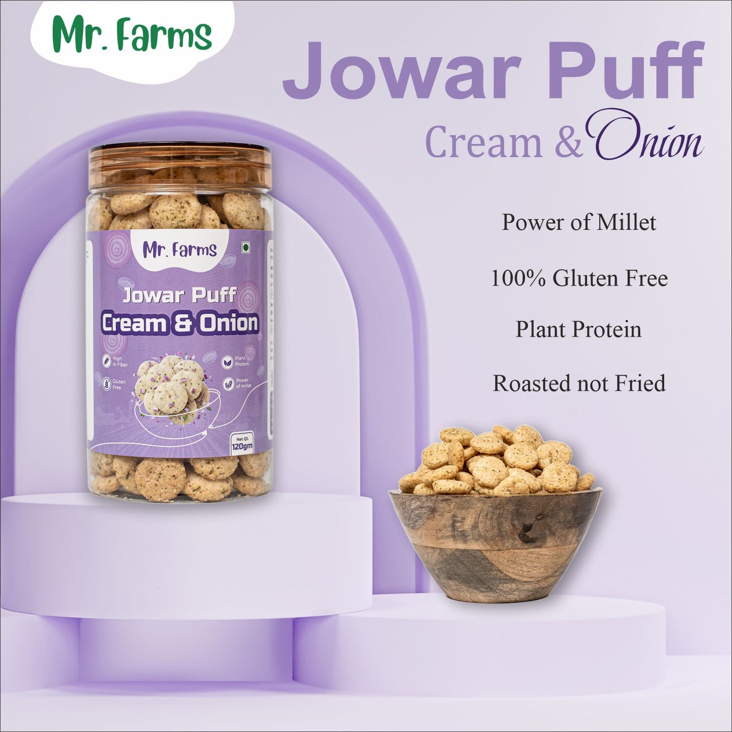 Mr. Farms Jowar Puff Cream & Onion 120g | Healthy Millet Snack | High Fiber | Gluten Free | Plant Protein