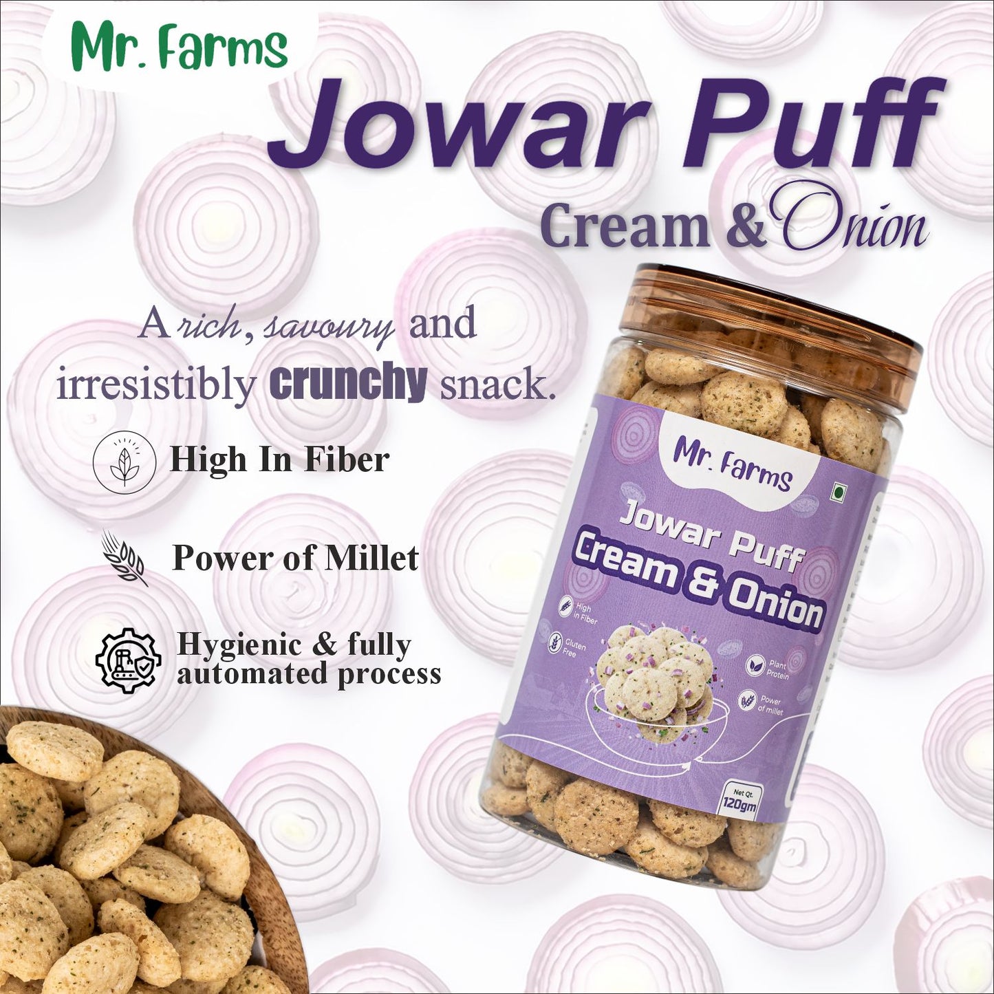 Mr. Farms Jowar Puff Cream & Onion 120g | Healthy Millet Snack | High Fiber | Gluten Free | Plant Protein