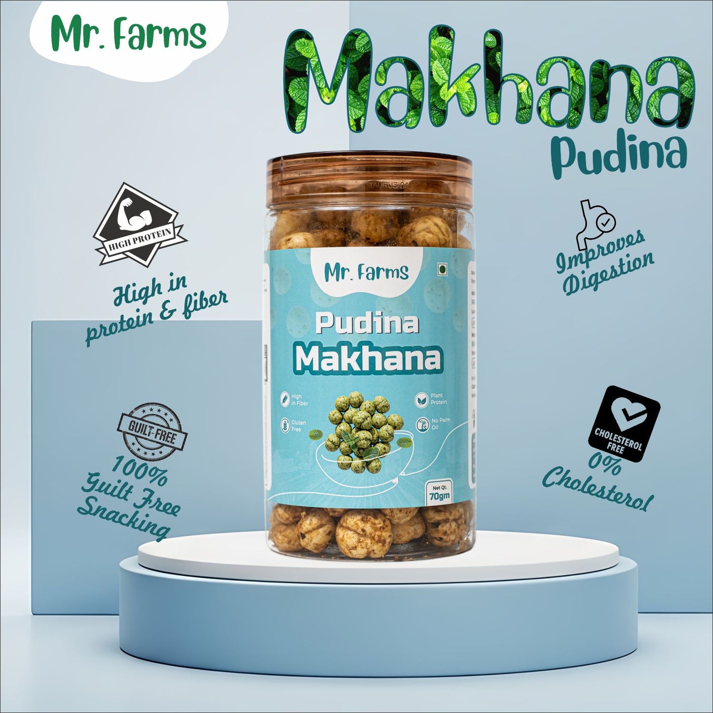Mr. Farms Pudina Makhana 70g | Roasted Foxnuts with Mint Flavor | Healthy Snack for Kids & Adults | High Fiber | Gluten Free | Vegan Protein | No Palm Oil | Low Calorie Crunchy Snack