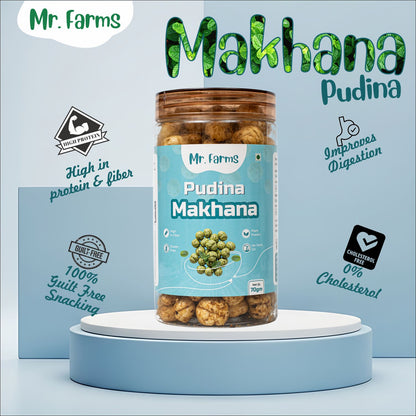 Mr. Farms Pudina Makhana 70g | Roasted Foxnuts with Mint Flavor | Healthy Snack for Kids & Adults | High Fiber | Gluten Free | Vegan Protein | No Palm Oil | Low Calorie Crunchy Snack