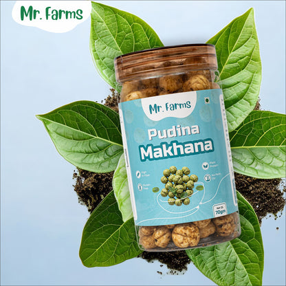 Mr. Farms Pudina Makhana 70g | Roasted Foxnuts with Mint Flavor | Healthy Snack for Kids & Adults | High Fiber | Gluten Free | Vegan Protein | No Palm Oil | Low Calorie Crunchy Snack